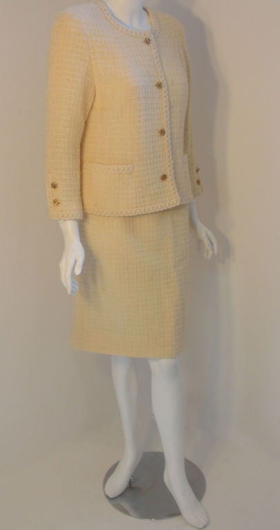 Chanel 2pc Cream Wool Jacket and Skirt Set, Circa 1980 In Good Condition In Los Angeles, CA