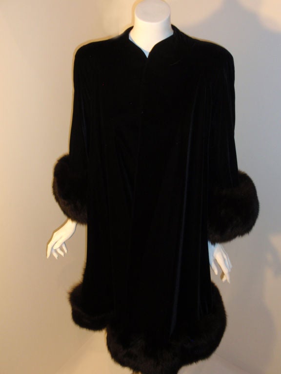 Pauline Trigere Black Velvet Fox Fur Trim Coat 1