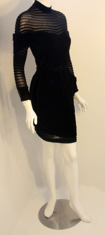 Thierry Mugler Black Velvet with Sheer Striped Detail Cocktail Dress, 1980's In Excellent Condition In Los Angeles, CA