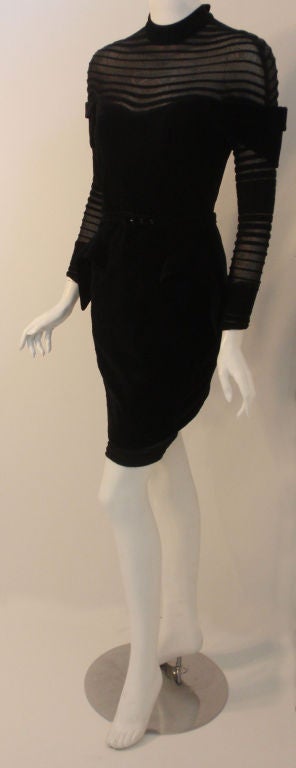 Women's Thierry Mugler Black Velvet with Sheer Striped Detail Cocktail Dress, 1980's
