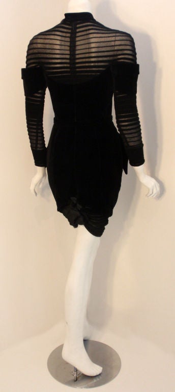 Thierry Mugler Black Velvet with Sheer Striped Detail Cocktail Dress, 1980's 1