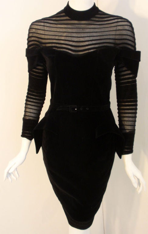 Thierry Mugler Black Velvet with Sheer Striped Detail Cocktail Dress, 1980's 2