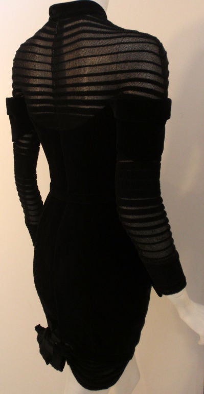 Thierry Mugler Black Velvet with Sheer Striped Detail Cocktail Dress, 1980's 3