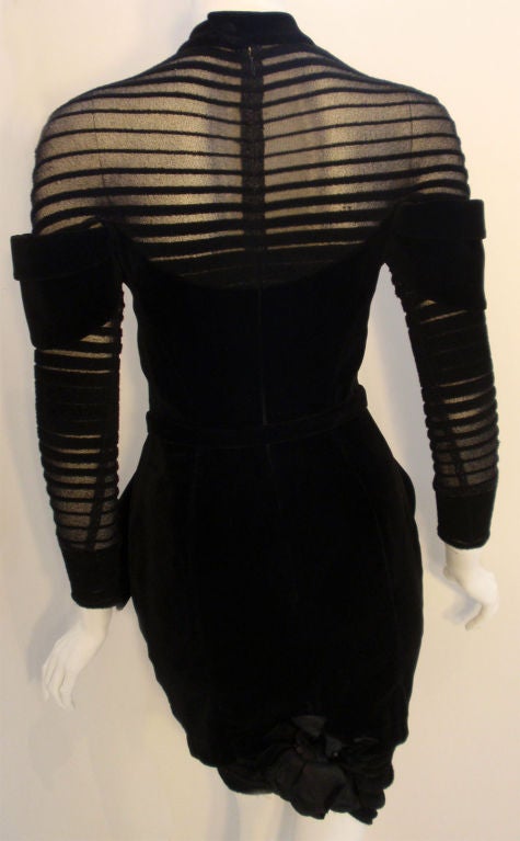 Thierry Mugler Black Velvet with Sheer Striped Detail Cocktail Dress, 1980's 4