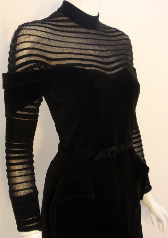 Thierry Mugler Black Velvet with Sheer Striped Detail Cocktail Dress, 1980's 5