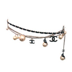 Chanel Silver Logo Chian Belt W/Pearls and Black "CC" Detail