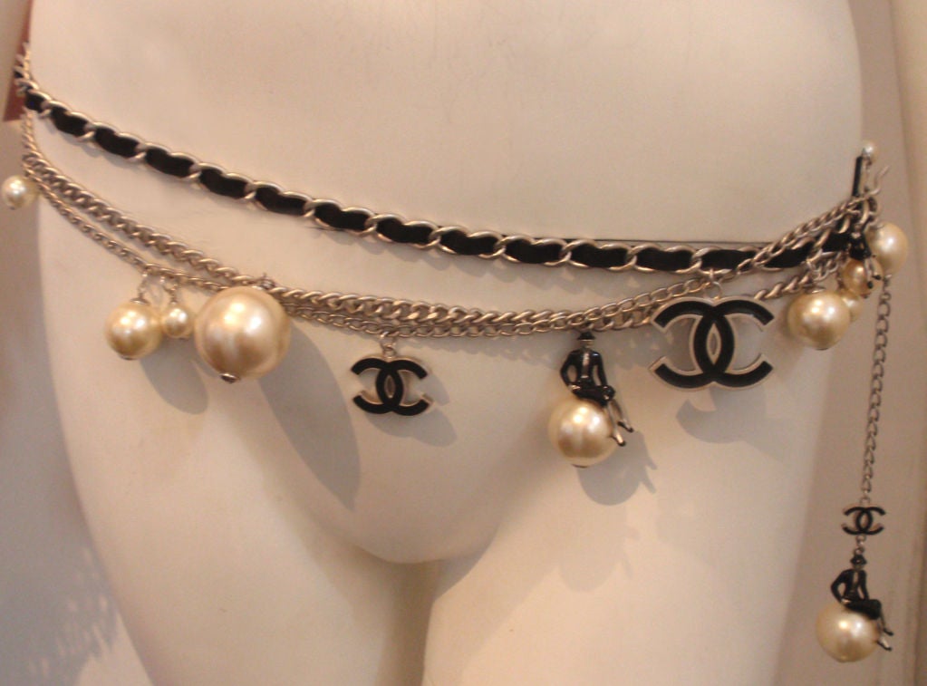 Chanel Silver Logo Chian Belt W/Pearls and Black "CC" Detail