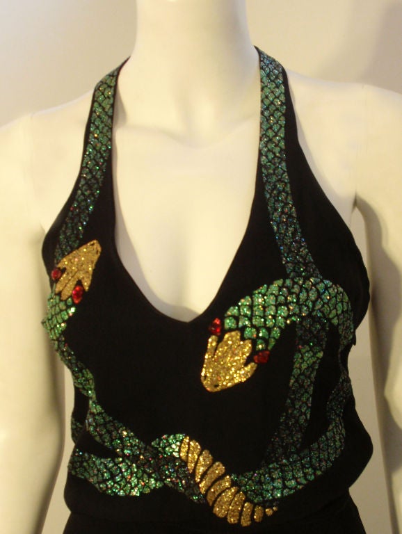 Women's Krizia Black Crepe Halter Gown Snakes, Circa 1970's