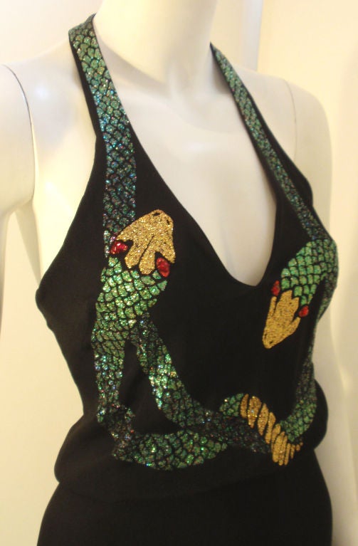 Krizia Black Crepe Halter Gown Snakes, Circa 1970's 1