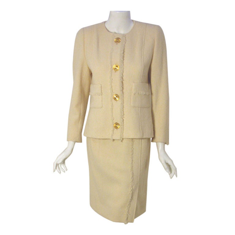 Chanel 2pc Cream Wool Clover Button Jacket and Skirt Set, Circa 1990's 36