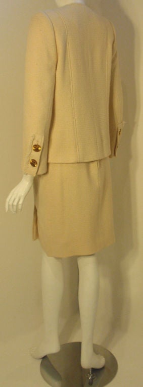 Women's Chanel 2pc Cream Wool Clover Button Jacket and Skirt Set, Circa 1990's 36