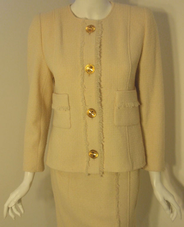 Chanel 2pc Cream Wool Clover Button Jacket and Skirt Set, Circa 1990's 36 2