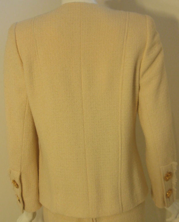 Chanel 2pc Cream Wool Clover Button Jacket and Skirt Set, Circa 1990's 36 3