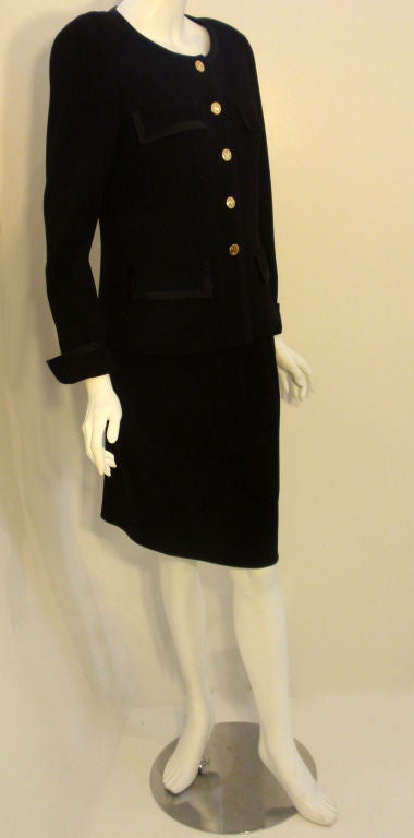 Women's Chanel 2pc Black Jacket and Skirt Set W/Silk Trim, Circa 1990