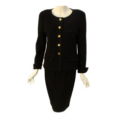 Vintage Chanel 2pc Black Jacket and Skirt Set W/Silk Trim, Circa 1990