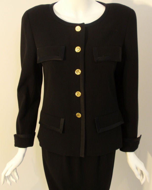 Chanel 2pc Black Jacket and Skirt Set W/Silk Trim, Circa 1990 3