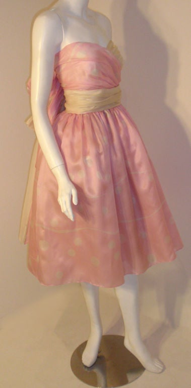 Bill Blass Pink and Cream Polka Dot Silk Cocktail Dress 1
