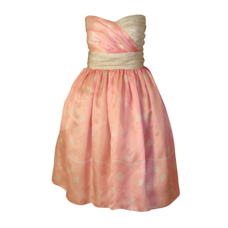 Bill Blass Pink and Cream Polka Dot Silk Cocktail Dress