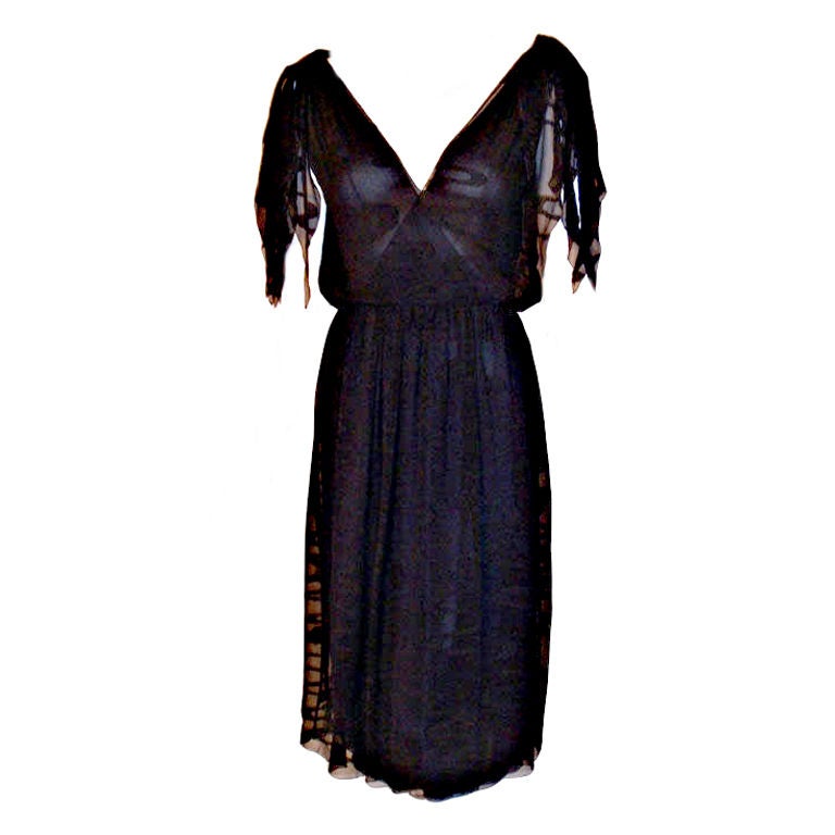 CHISTIAN DIOR HAUTE COUTURE Navy Layered Chiffon Dress, Betsy Bloomingdale 1980s For Sale