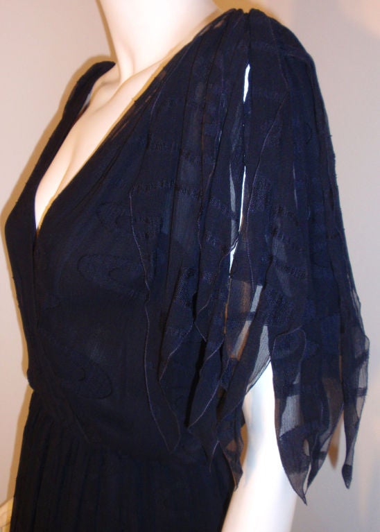 CHISTIAN DIOR HAUTE COUTURE Navy Layered Chiffon Dress, Betsy Bloomingdale 1980s For Sale 2