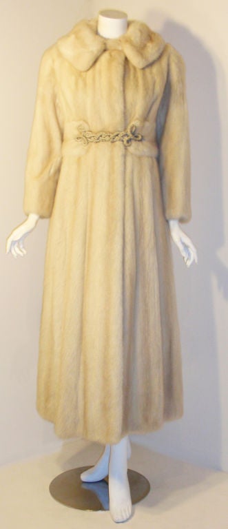 Galanos late 1960s full Length White Mink Coat with Toggle Self Belt