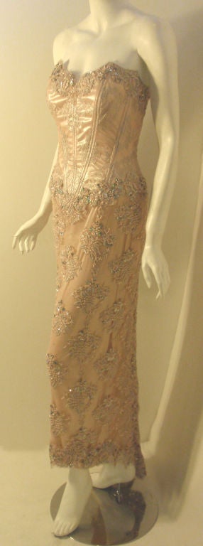 Brown Vick Tiel Pink Lace Beaded Strapless Gown, Circa 1980 For Sale