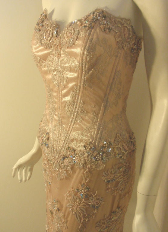 Vick Tiel Pink Lace Beaded Strapless Gown, Circa 1980 For Sale 1