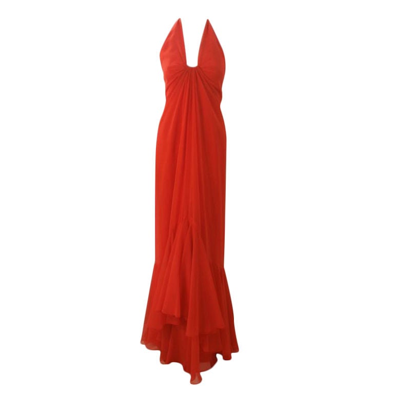 Travilla Vestido largo de gasa naranja sangre, circa 1970 en venta