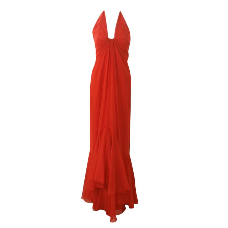 Travilla Long Blood Orange Chiffon Gown, Circa 1970 For Sale