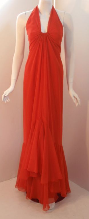 Travilla Long Blood Orange Chiffon Gown, Circa 1970 For Sale 2