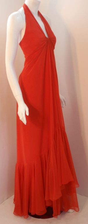 Travilla Long Blood Orange Chiffon Gown, Circa 1970 For Sale at 1stDibs