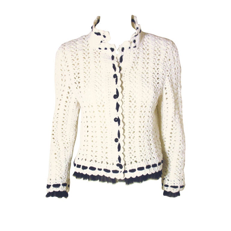 Chanel White Sweater Jacket w/Black Detail, Circa 1990