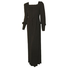 Yves Saint Laurent Long Black Bohemian Gown w. Tassel Belt, C. 1970's 34