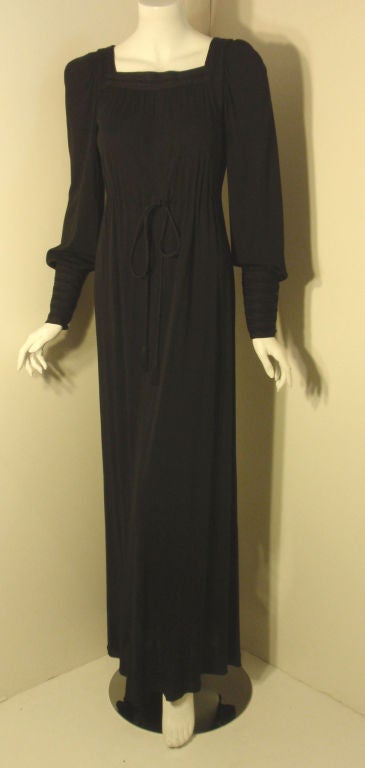 Women's Yves Saint Laurent Long Black Bohemian Gown w. Tassel Belt, C. 1970's 34