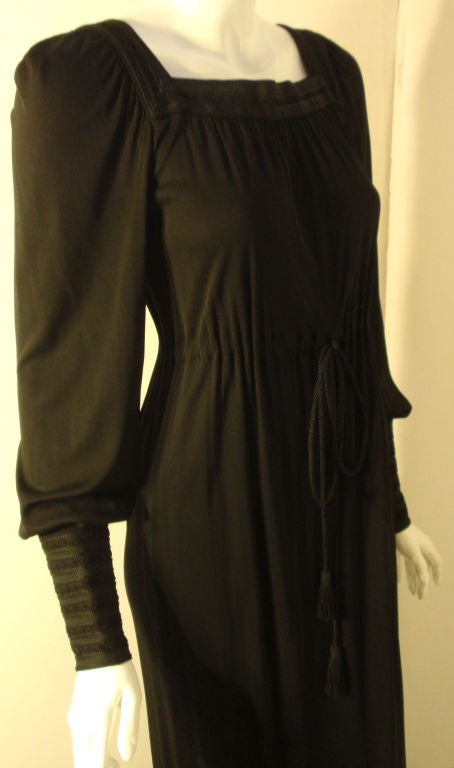 Yves Saint Laurent Long Black Bohemian Gown w. Tassel Belt, C. 1970's 34 3