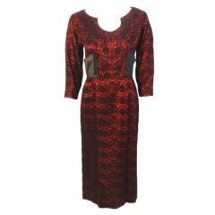 Retro Oleg Cassini Ruby Red Cocktail Dress w/Black Lace, Circa 1960