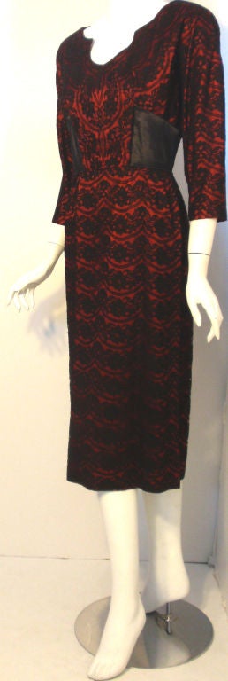 Women's Oleg Cassini Ruby Red Cocktail Dress w/Black Lace, Circa 1960
