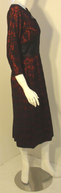 Oleg Cassini Ruby Red Cocktail Dress w/Black Lace, Circa 1960 1