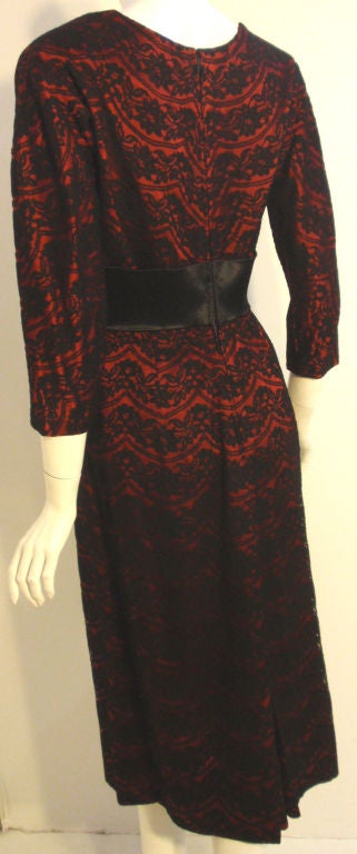 Oleg Cassini Ruby Red Cocktail Dress w/Black Lace, Circa 1960 2