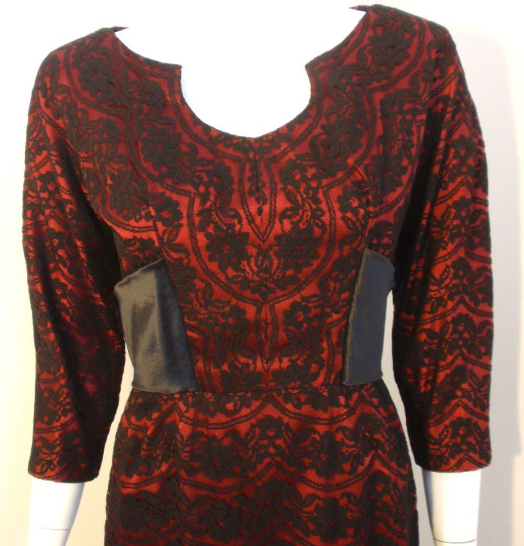 Oleg Cassini Ruby Red Cocktail Dress w/Black Lace, Circa 1960 3