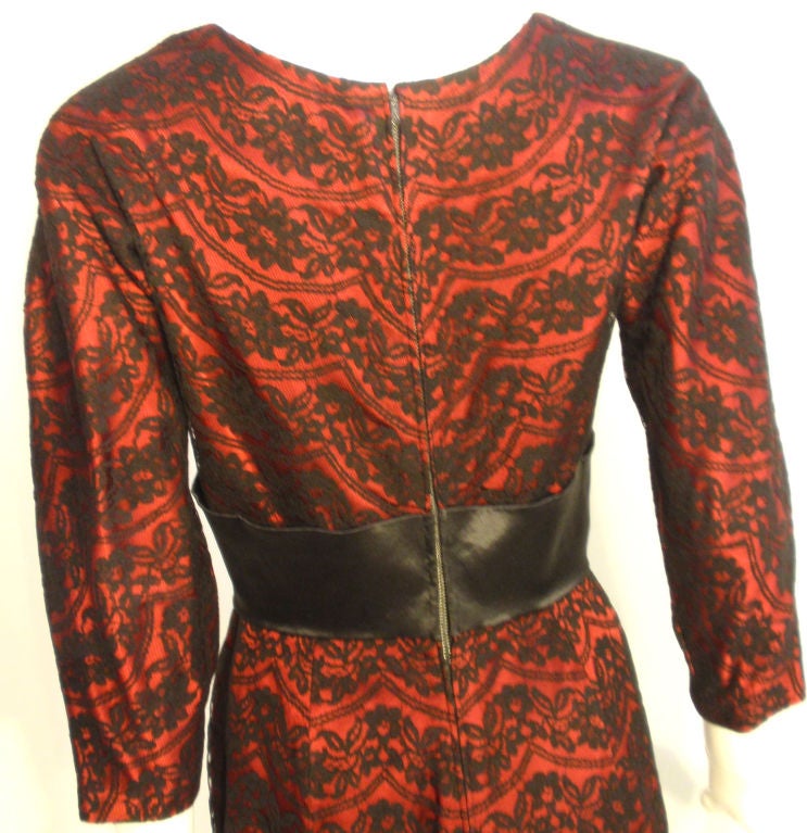 Oleg Cassini Ruby Red Cocktail Dress w/Black Lace, Circa 1960 5