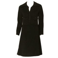 Retro Galanos Black Cashmere Coat Dress with Zip Front & Patch Pockets, Circa 1960's 