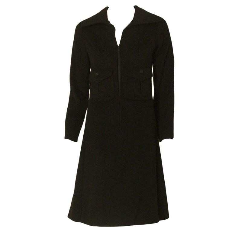 Galanos Black Cashmere Coat Dress With Zip Front & Patch Pockets, Circa 1960's