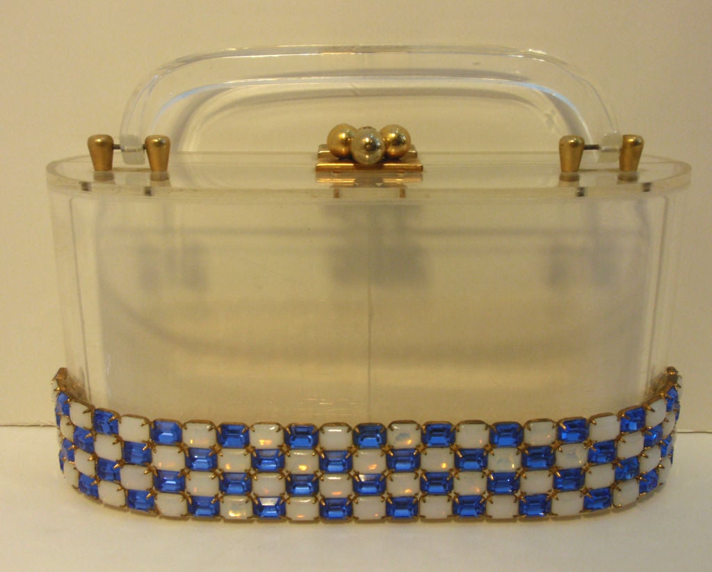 Vintage Lucite Oval Purse w/White and Blue Rhinestones, 1950's 6