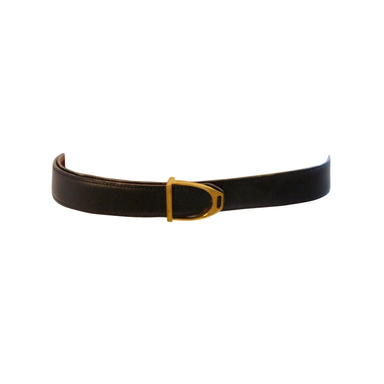 Hermes Black Leather Belt With Gold Buckle, Circa 1990