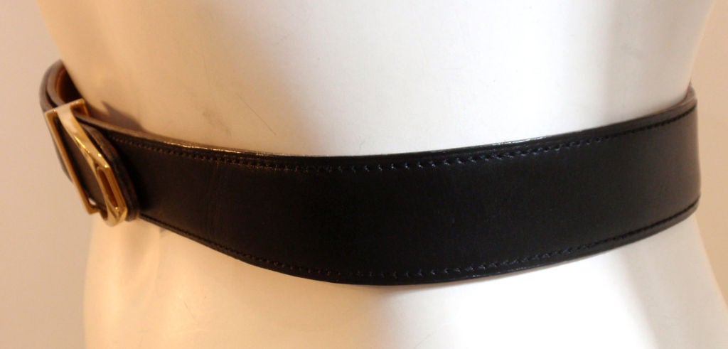 Women's Hermes Black Leather Belt With Gold Buckle, Circa 1990