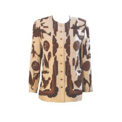 Hermes Cream Silk Blouse/Jacket W/Brown Pegasus Print