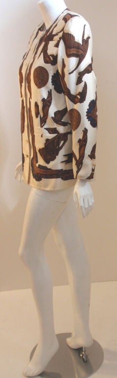 Women's Hermes Cream Silk Blouse/Jacket W/Brown Pegasus Print