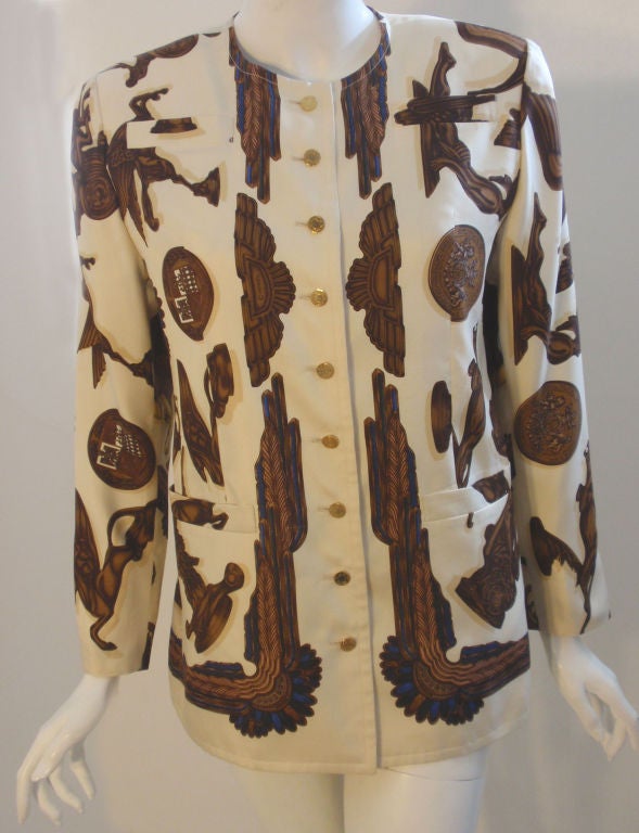 Hermes Cream Silk Blouse/Jacket W/Brown Pegasus Print 2