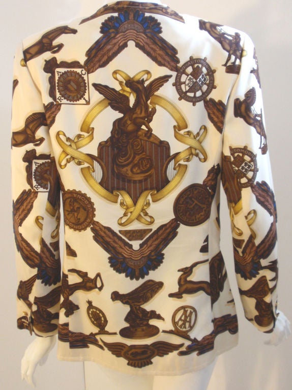 Hermes Cream Silk Blouse/Jacket W/Brown Pegasus Print 3